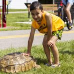 young boy pets turtle