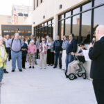 Karl speaks to crowd outside of Xenia Library entrance