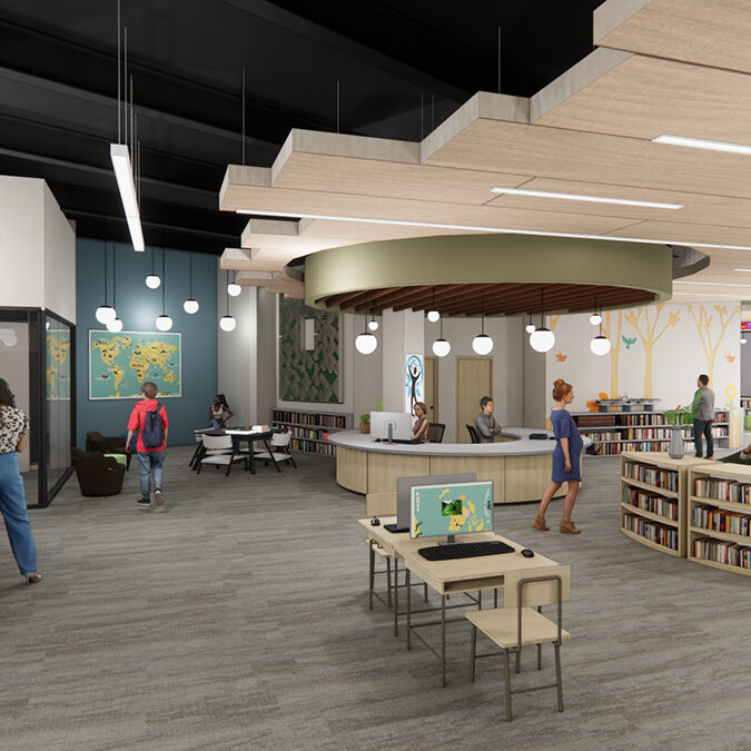 Interior – Youth Desk. In addition to the expanded outdoor area, Xenia Community Library’s Youth Services area will feature open space for programming and exploration.