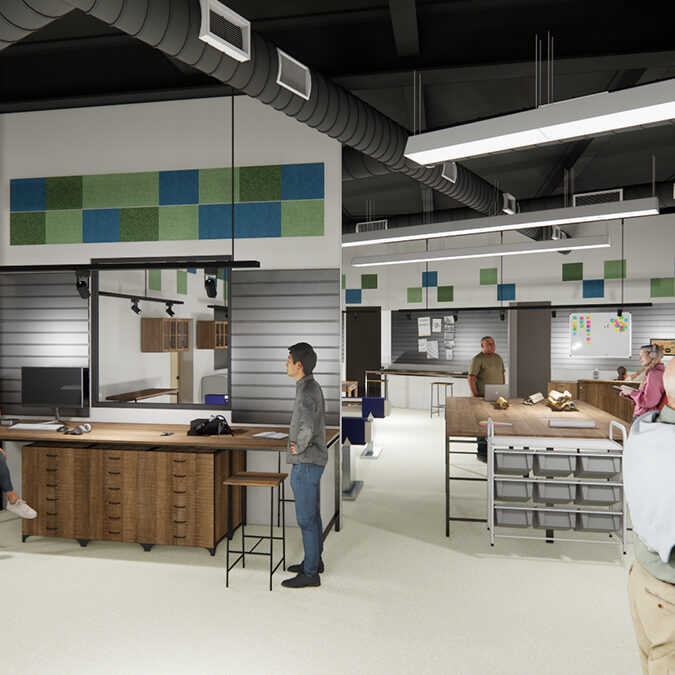 Interior – inside Spark Place, more room for projects and collaboration. Spark Place, GCPL’s award-winning maker space, is moving downstairs into the Xenia Community Library. Better access and expanded space for programming and collaboration.